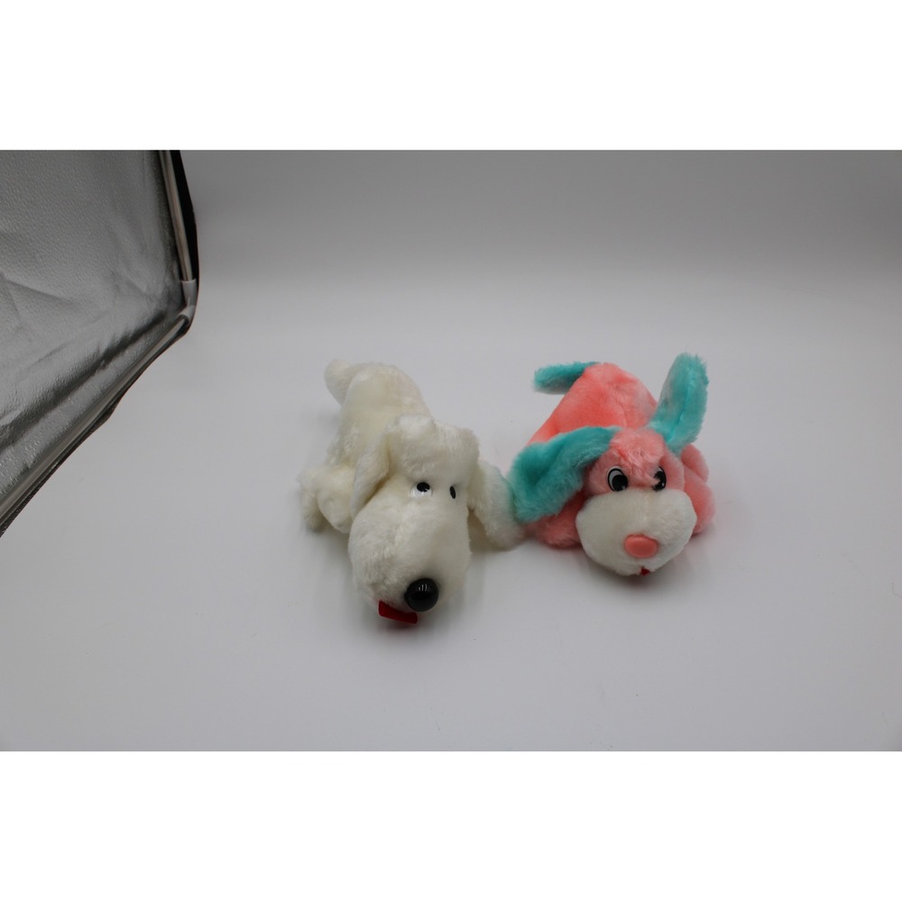 Commonwealth Plush Dog Set White Pink Teal Vintage 1980s Stuffed Animals 2pc